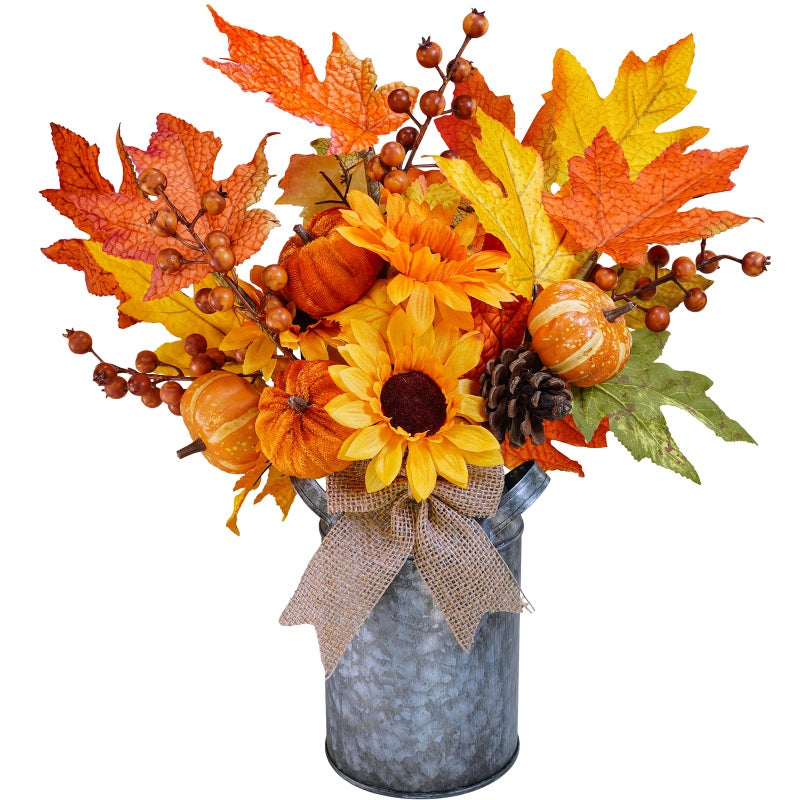 Winlyn 1 Pc Fall Farmhouse Centerpiece Rustic Metal Milk Jug Fall Arrangement Autumn Harvest Orange Artificial Pumpkin Pinecone Sunflower Berry Maple Leaf Centerpiece for Thankgiving Table Decoration