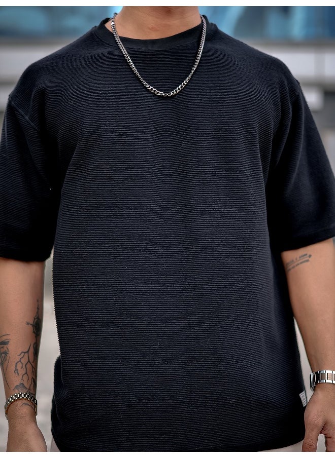 Maniac Mens Round Neck 3/4th Sleeve Black Corduroy Fabric Tshirt  - Image 5