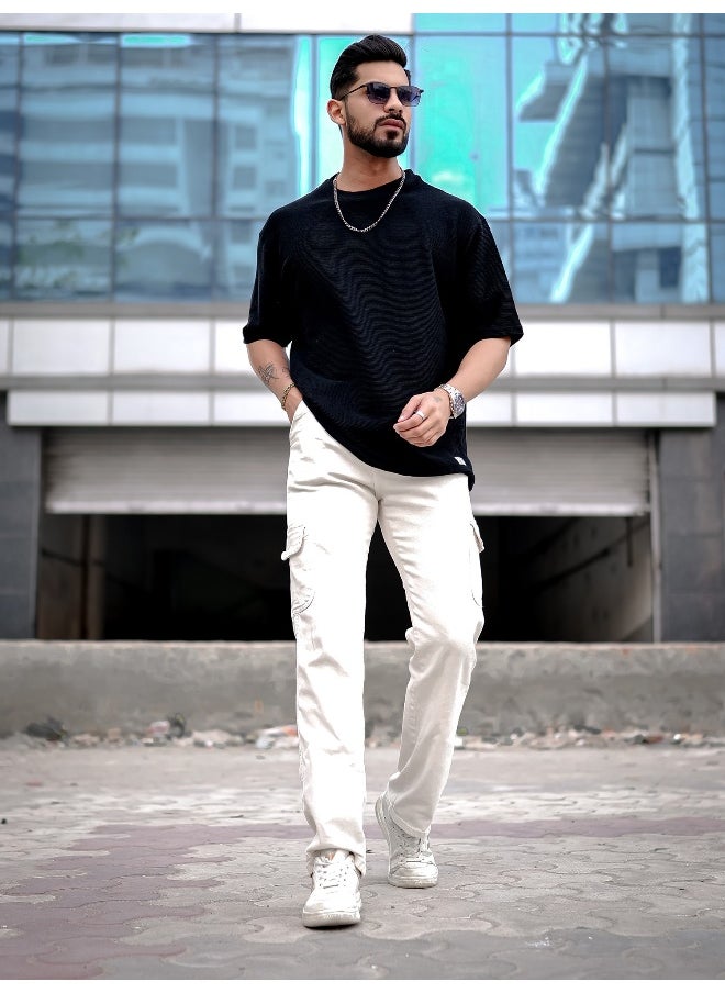 Maniac - Mens Round Neck 3/4th Sleeve Black Corduroy Fabric Tshirt - Image 1