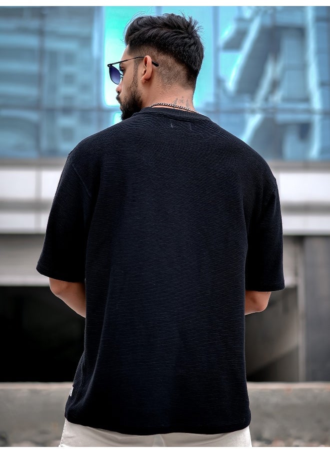 Maniac Mens Round Neck 3/4th Sleeve Black Corduroy Fabric Tshirt  - Image 3