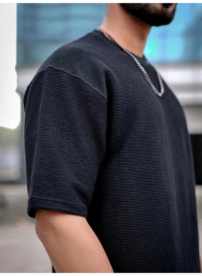 Maniac Mens Round Neck 3/4th Sleeve Black Corduroy Fabric Tshirt