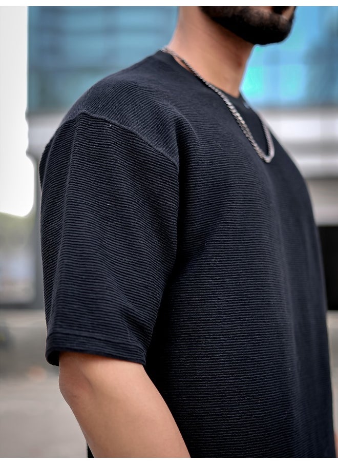 Maniac Mens Round Neck 3/4th Sleeve Black Corduroy Fabric Tshirt  - Image 4