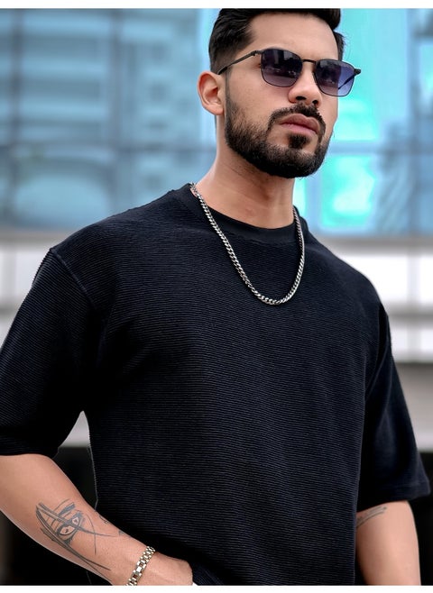 Mens Round Neck 3/4th Sleeve Black Corduroy Fabric Tshirt