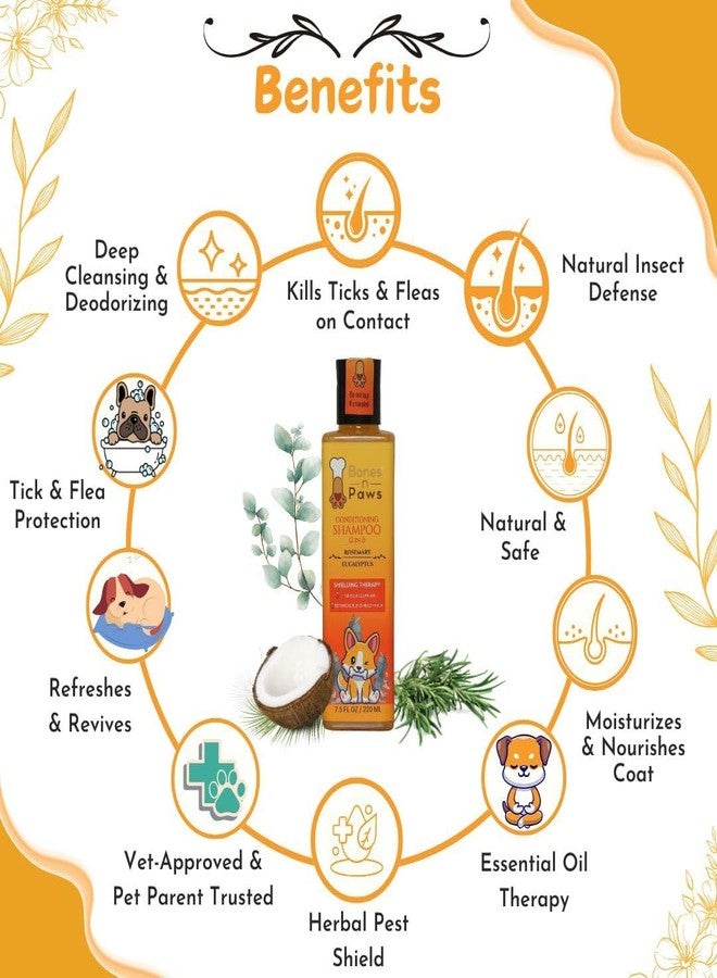 BONES N PAWS 2-in-1 Anti Tick and Flea Dog Shampoo 220 ml | for All Types of Dog & Cat | Conditioning Anti-Fungal Shampoo for Dog with Rosemary and Eucalyptus | pH Balanced, Cruelty Free - Image 3