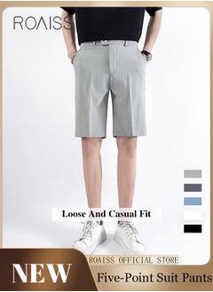 roaiss Men's Suit Shorts - Casual Sports Suit Shorts Straight Tube Lightweight Breathable Soft Shorts with Buttons  - Image 3