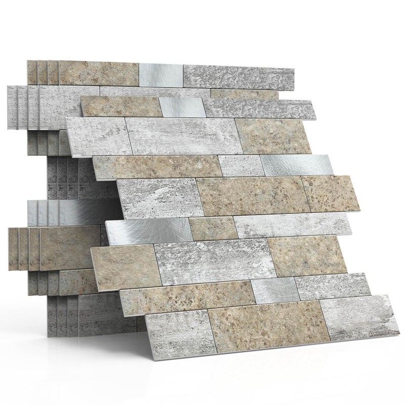 M MOFIT MOFIT Backsplash Tile for Kitchen Peel and Stick Stone Matte Finish,Bathroom Tiles Stickers 3D Wall Panel Linear Mosaic Marble Backsplash Waterproof(10sheets,Castle Brown) - Image 1