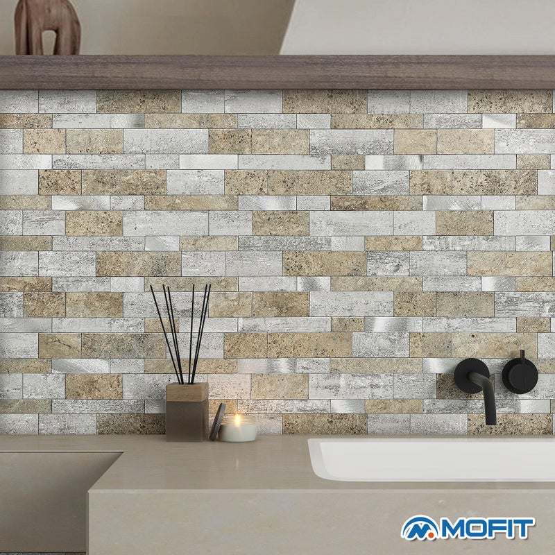 M MOFIT MOFIT Backsplash Tile for Kitchen Peel and Stick Stone Matte Finish,Bathroom Tiles Stickers 3D Wall Panel Linear Mosaic Marble Backsplash Waterproof(10sheets,Castle Brown) - Image 3