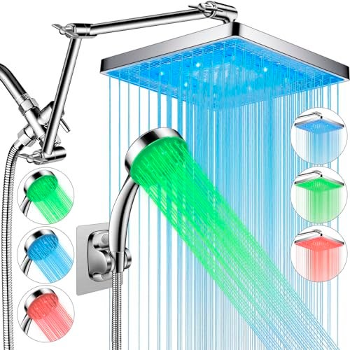 PinWin LED Shower Head, 8'' Large LED Rainfall Shower Head with 16'' Adjustable Upgraded Extension Arm,High Pressure Handheld Spray with LED Color Changing Based on Water Temperature,Easy Installation - Image 1