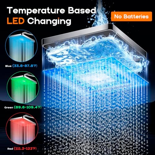 PinWin LED Shower Head, 8'' Large LED Rainfall Shower Head with 16'' Adjustable Upgraded Extension Arm,High Pressure Handheld Spray with LED Color Changing Based on Water Temperature,Easy Installation - Image 2