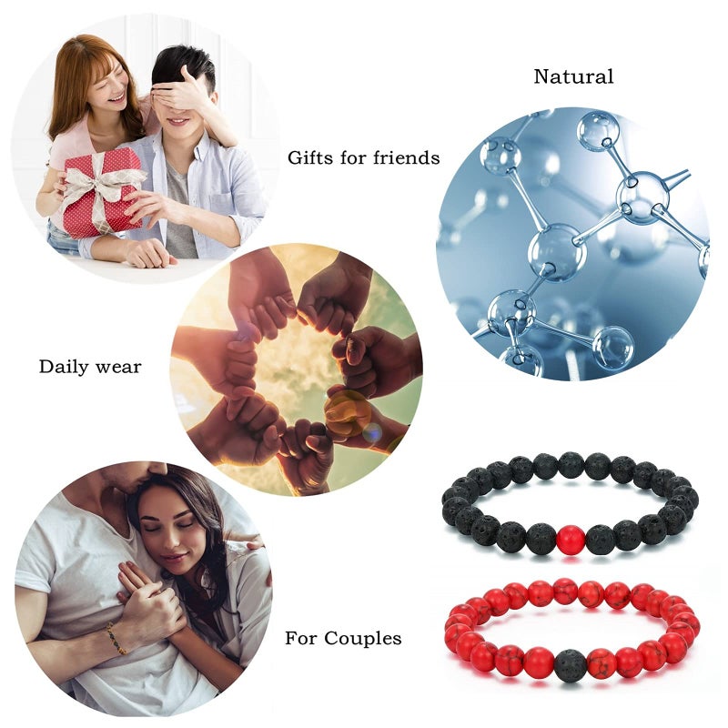MengPa Mens Beaded Bracelets Couples Matching Bracelet Set Lava Rock Beads for Women Stone Jewelry (Howlite-Red) US4163B - Image 2