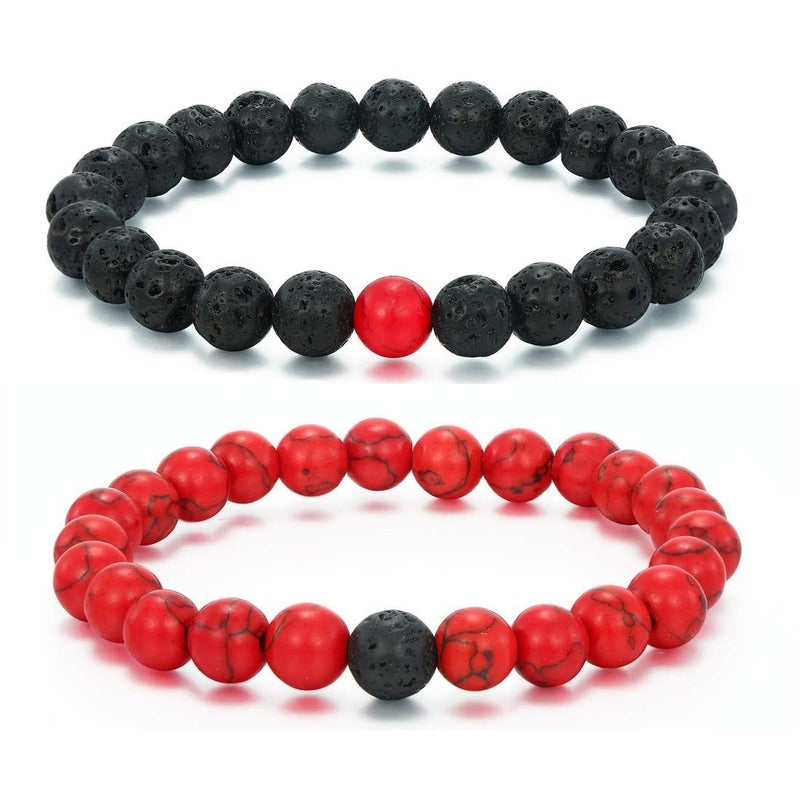 MengPa Mens Beaded Bracelets Couples Matching Bracelet Set Lava Rock Beads for Women Stone Jewelry (Howlite-Red) US4163B - Image 1