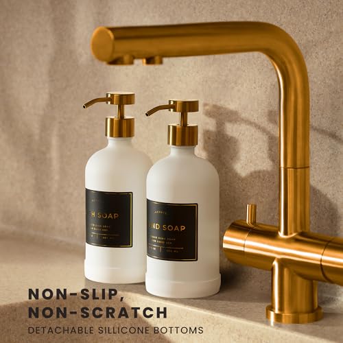 Verute 16oz Glass Soap Dispenser with Stainless Steel Pump, 21 Waterproof Labels, Non-Slip Protective Silicone Pad, Set of 2 for Bathroom & Kitchen (Matte White Bottle/Brushed Gold Pump) - Image 2