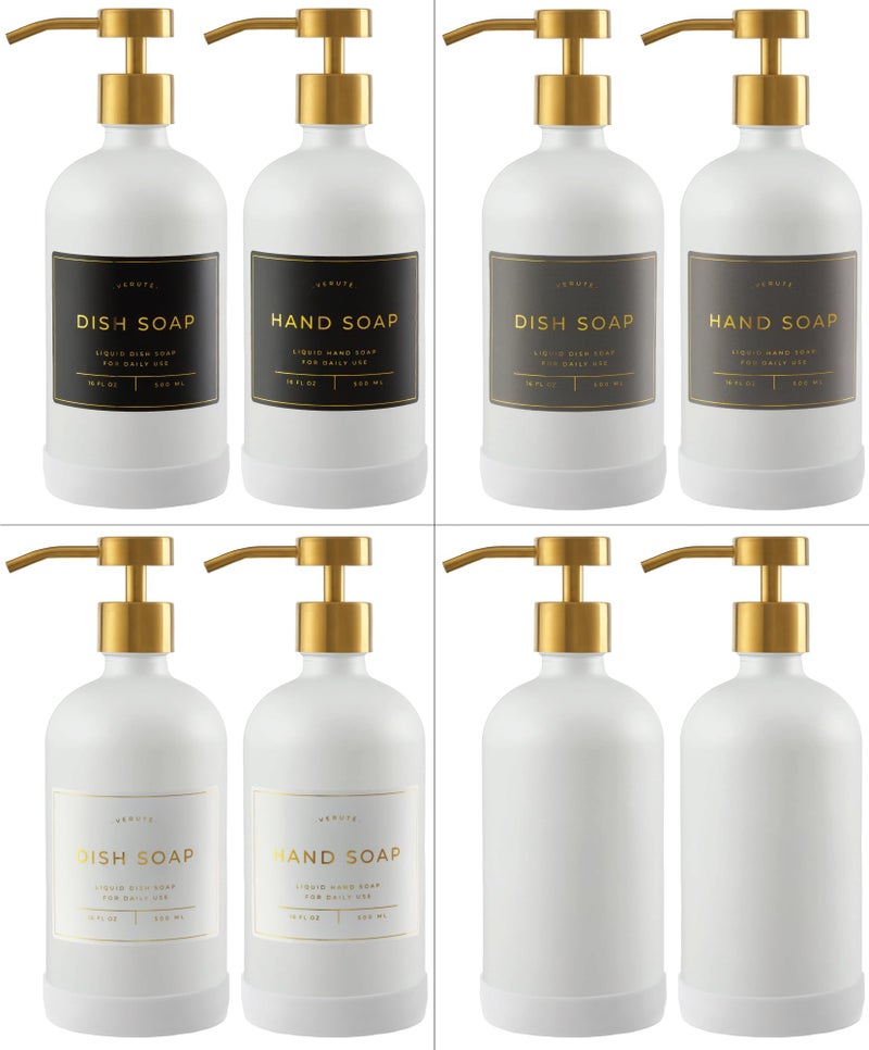 Verute 16oz Glass Soap Dispenser with Stainless Steel Pump, 21 Waterproof Labels, Non-Slip Protective Silicone Pad, Set of 2 for Bathroom & Kitchen (Matte White Bottle/Brushed Gold Pump) - Image 5