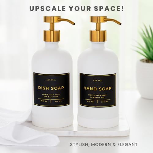 Verute 16oz Glass Soap Dispenser with Stainless Steel Pump, 21 Waterproof Labels, Non-Slip Protective Silicone Pad, Set of 2 for Bathroom & Kitchen (Matte White Bottle/Brushed Gold Pump) - Image 3