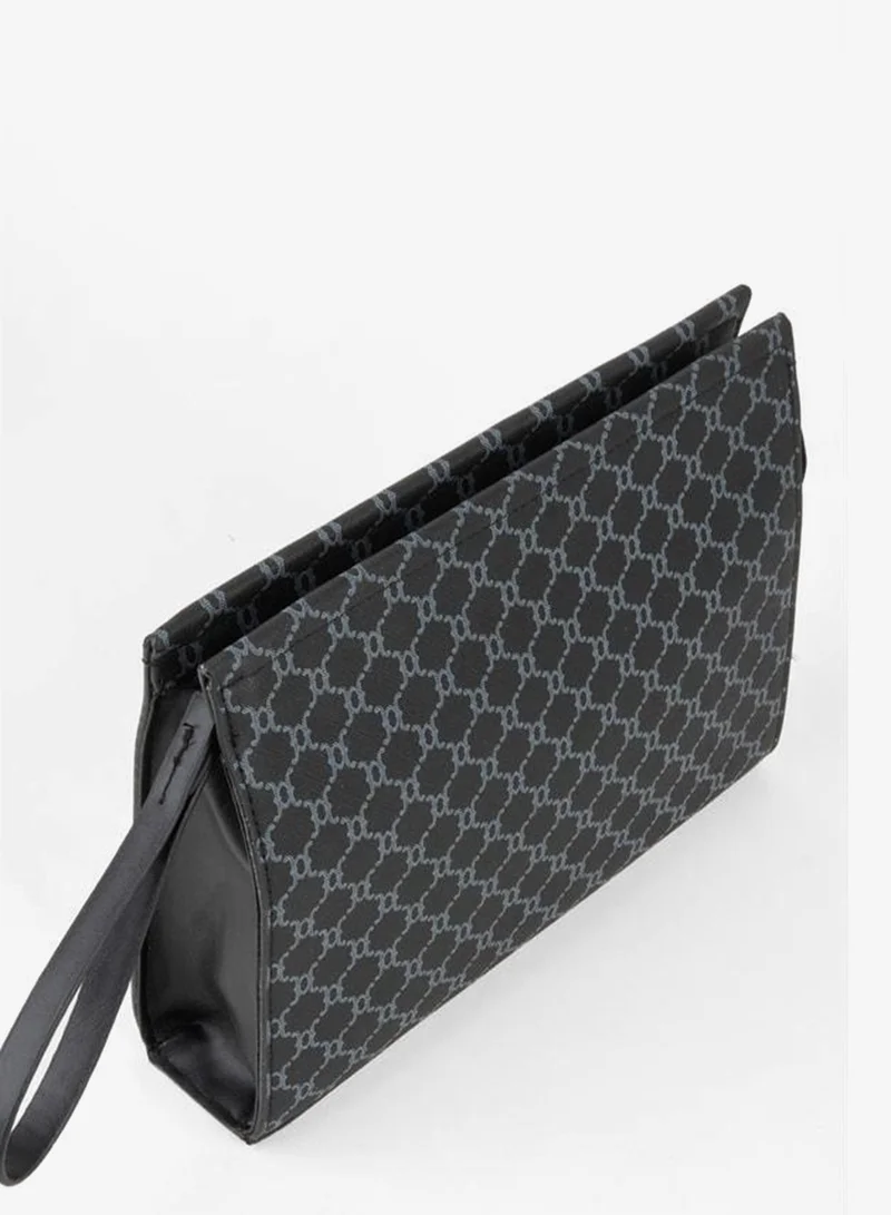 Women's Petunia-Patterned Black Lined Synthetic Leather Wrist-Strap Portfolio Hand and Clutch Bag.