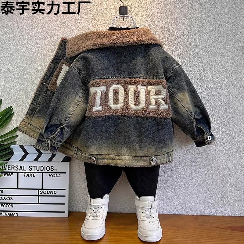 Boys' Denim Coat Lamb Wool Children'S Thickened Cotton-Padded Western Style Baby Fleece-Lined Jacket - Image 2