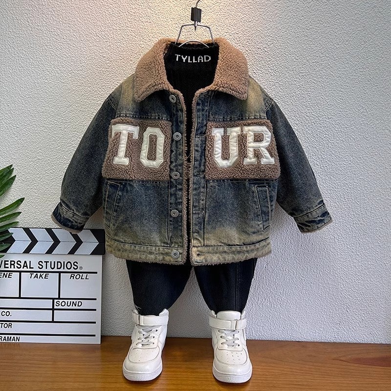 Boys' Denim Coat Lamb Wool Children'S Thickened Cotton-Padded Western Style Baby Fleece-Lined Jacket - Image 3