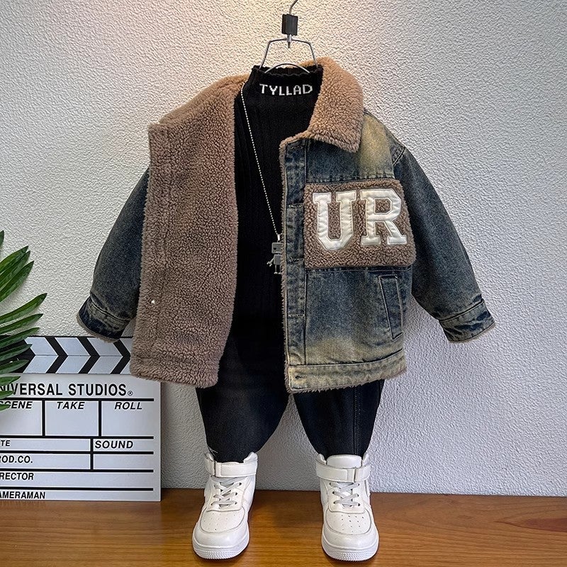 Boys' Denim Coat Lamb Wool Children'S Thickened Cotton-Padded Western Style Baby Fleece-Lined Jacket - Image 5