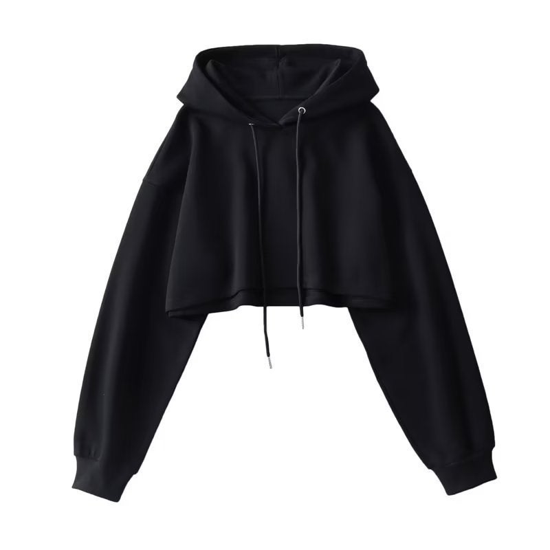 Design White American Style Short Hooded Short Sweat Womens Autumn Korean Style Loose Cropped Long Sleeve Top Black - Image 1