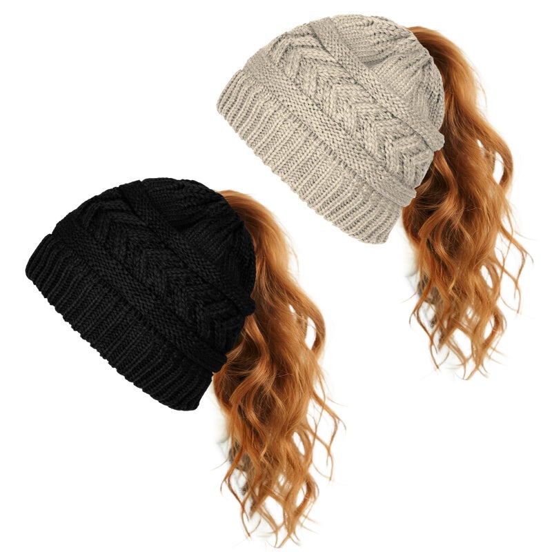 Yookat 2 Pack Ponytail Beanie Hat for Women High Bun Hats Skull Cap for Winter Black and Beige - Image 1