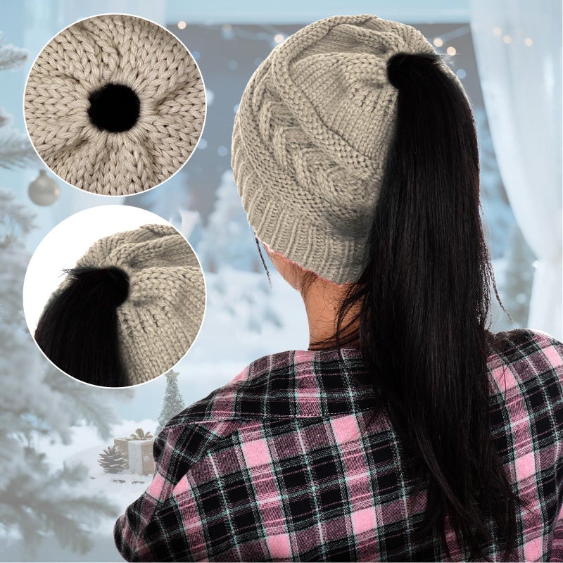 Yookat 2 Pack Ponytail Beanie Hat for Women High Bun Hats Skull Cap for Winter Black and Beige - Image 4