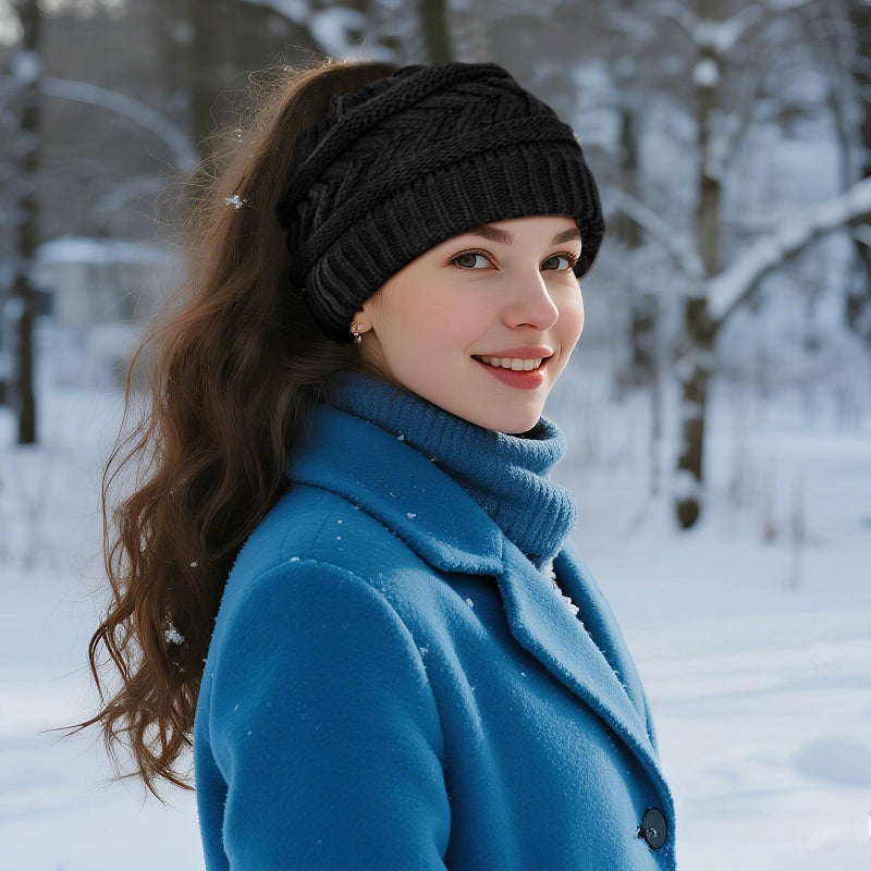 Yookat 2 Pack Ponytail Beanie Hat for Women High Bun Hats Skull Cap for Winter Black and Beige - Image 5