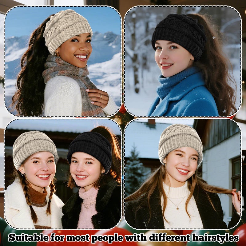 Yookat 2 Pack Ponytail Beanie Hat for Women High Bun Hats Skull Cap for Winter Black and Beige - Image 3