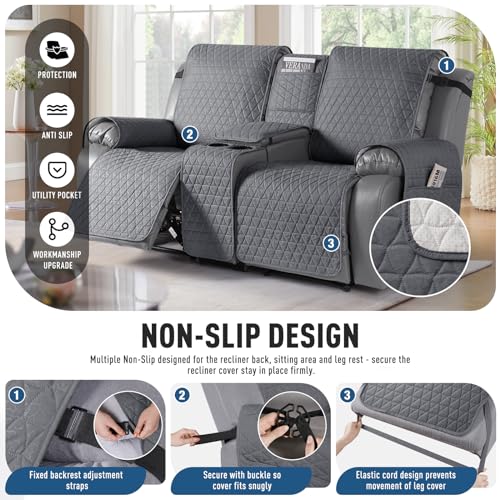 TAOCOCO 100% Waterproof Loveseat Recliner Cover with Center Console, 2-Seater Couch Slipcover with Elastic Straps, Non-Slip Furniture Protector for Dogs (Dark Gray, 2 Seater) - Image 3