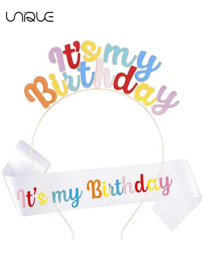 Unique Birthday Girl Headband Crown and Sash Set - Metal Birthday Hair Hoop and Flash Letter Sash - Birthday Decorations Party Gifts (Colorful) - Image 1