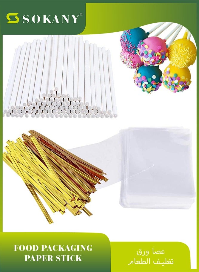sokany Cake Pop Sticks and Wrappers Kit, Including 100 4-Inch Paper Lollipop Sticks, 100 Clear Candy Bags, 100 Gold Twist Ties for Cakepop, Lollipop, Hard Candy, Suckers, Chocolate (Multicolour) - Image 1