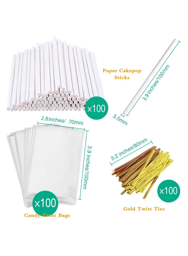sokany Cake Pop Sticks and Wrappers Kit, Including 100 4-Inch Paper Lollipop Sticks, 100 Clear Candy Bags, 100 Gold Twist Ties for Cakepop, Lollipop, Hard Candy, Suckers, Chocolate (Multicolour) - Image 2