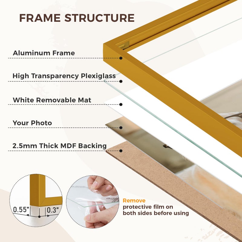 RICHFOCUS 11x14 Picture Frame with Mat for 8x10|11 x 14 Modern Photo Frame Gold|11x14 Metal Aluminum Frames for Wall Mounting|Hanging Hardwares Included  Set of 3 - Image 3