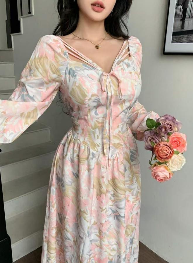 تايك تو فستان طويل بحافة واسعة وطبعة زهور - Image 1