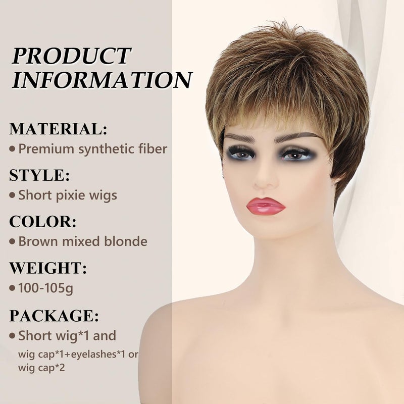 SEVENCOLORS باروكات قصيرة من SEVENCOLORS للنساء البيض، باروكات قصيرة بنية طبيعية مع خصلات شقراء، شعر قصير صناعي للنساء - Image 4
