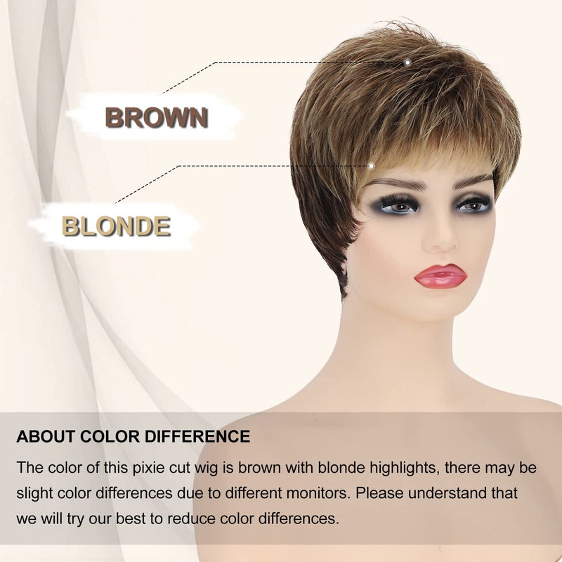 SEVENCOLORS باروكات قصيرة من SEVENCOLORS للنساء البيض، باروكات قصيرة بنية طبيعية مع خصلات شقراء، شعر قصير صناعي للنساء - Image 3