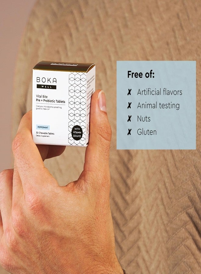 Boka Vital Bite Oral Pre + Probiotics - Sugar-Free Nut-Free Chewable Dental Probiotics for Teeth and Gums with BLIS K12, Vitamin D3 K2 for Men Women, Freshens Breath - Peppermint, 30 ct - Image 4