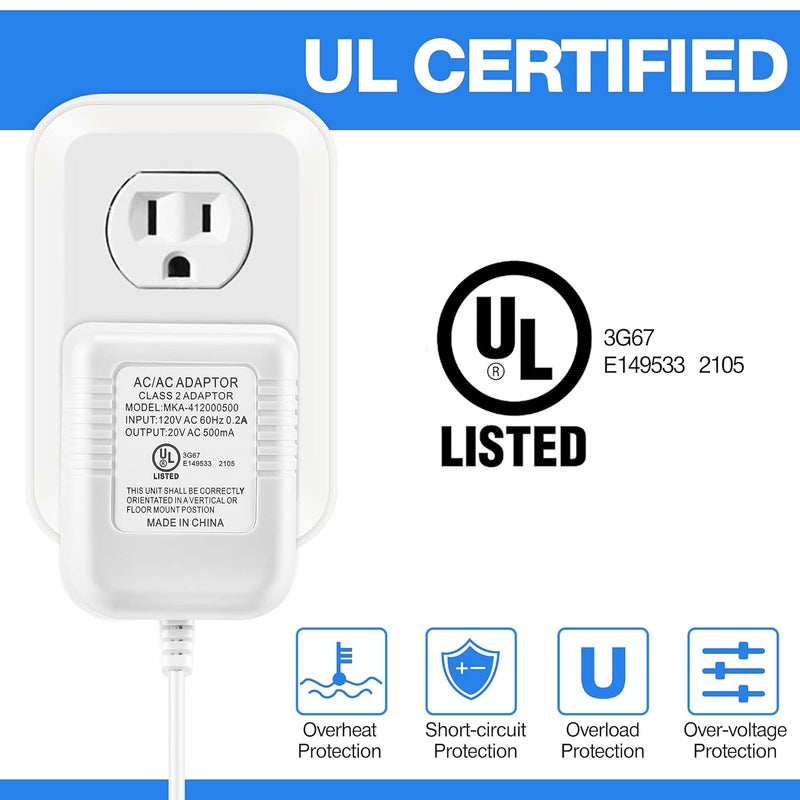 Dreyoo Doorbell Transformer 16-24V Adapter, 16.4ft Long C Wire Power Supply 20VAC 500mA Power Adapter, Compatible with Arlo Eufy Video Doorbell, UL Certification with 50PCS Cable Clips(White) - Image 3