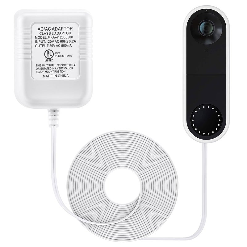 Dreyoo Doorbell Transformer 16-24V Adapter, 16.4ft Long C Wire Power Supply 20VAC 500mA Power Adapter, Compatible with Arlo Eufy Video Doorbell, UL Certification with 50PCS Cable Clips(White) - Image 1