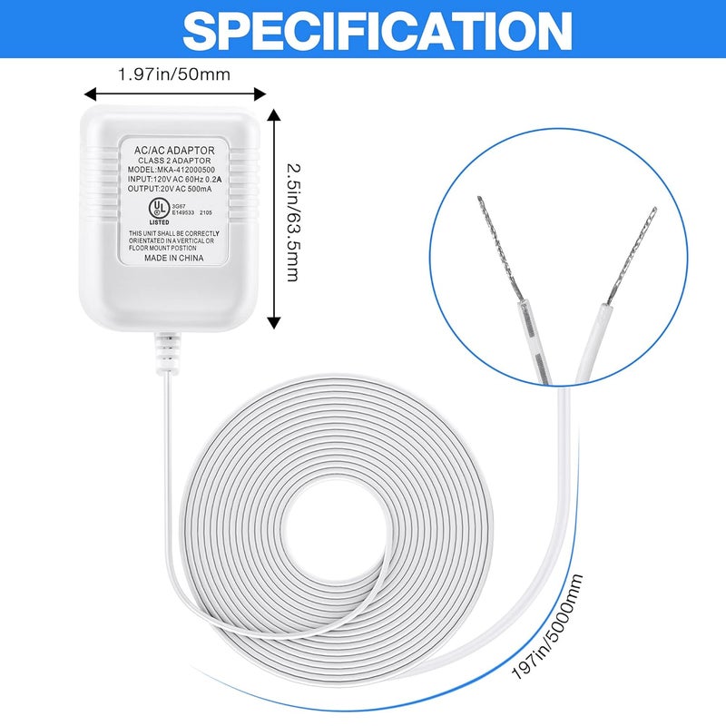 Dreyoo Doorbell Transformer 16-24V Adapter, 16.4ft Long C Wire Power Supply 20VAC 500mA Power Adapter, Compatible with Arlo Eufy Video Doorbell, UL Certification with 50PCS Cable Clips(White) - Image 4