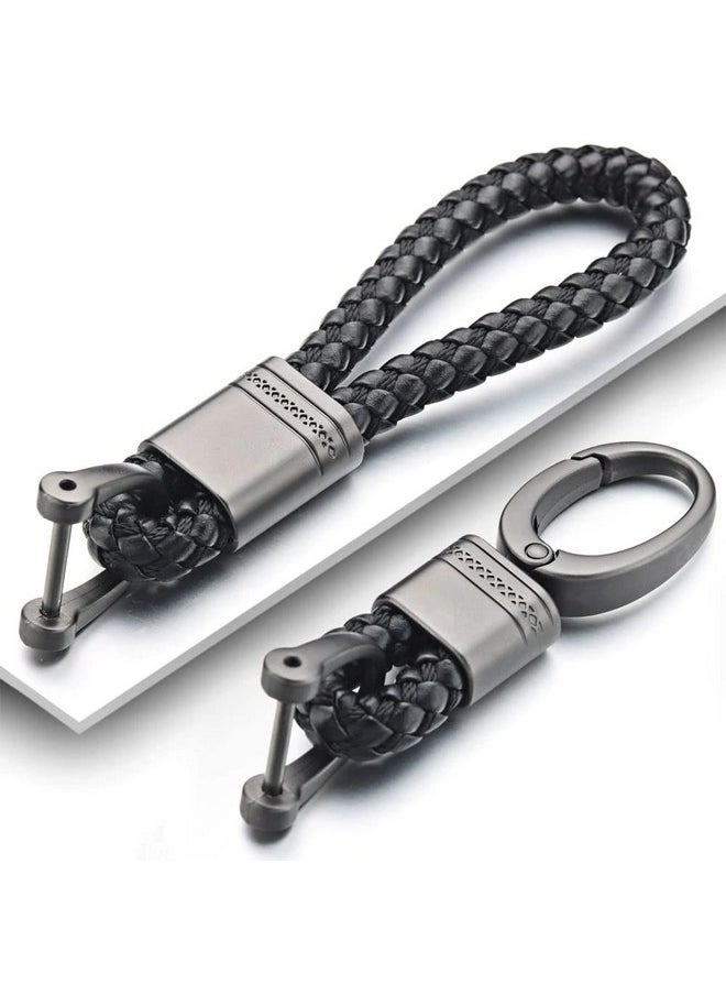CONTACTS Contacts 2 Pcs Black Braided Keychain Leather Strap Keyring Accessories PU Rope Hook Keyring with Zinc Alloy (Pack of 2)  - Image 2