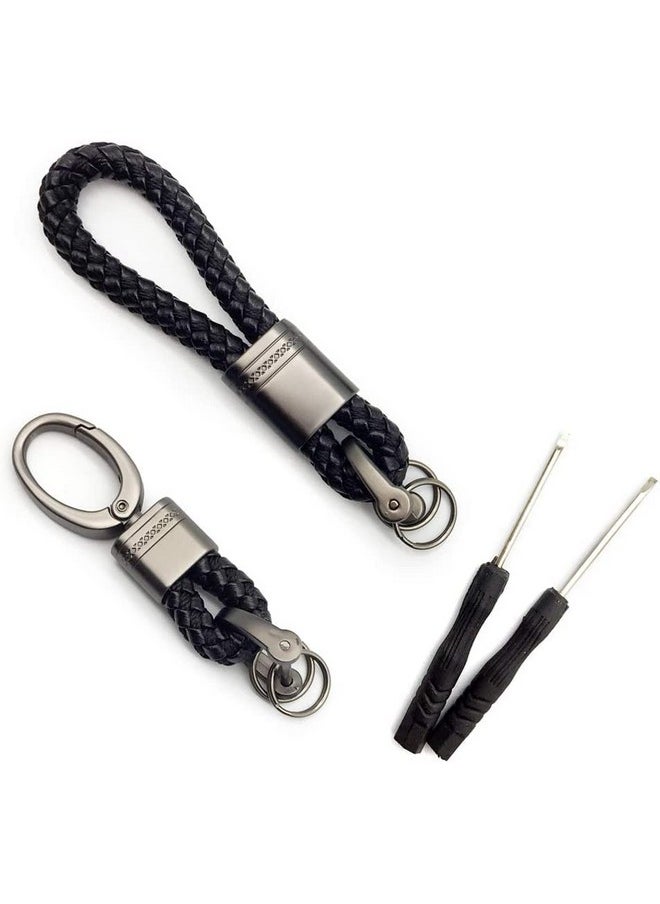CONTACTS Contacts 2 Pcs Black Braided Keychain Leather Strap Keyring Accessories PU Rope Hook Keyring with Zinc Alloy (Pack of 2)  - Image 1