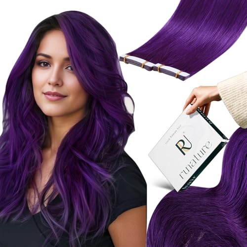 RUNATURE Purple Hair Extensions Human Hair Tape in Extensions 16 Inch 25g 10pcs Tape in Hair Extensions Human Hair Colored Highlight Invisible Tape in Extensions for Women Remy Hair