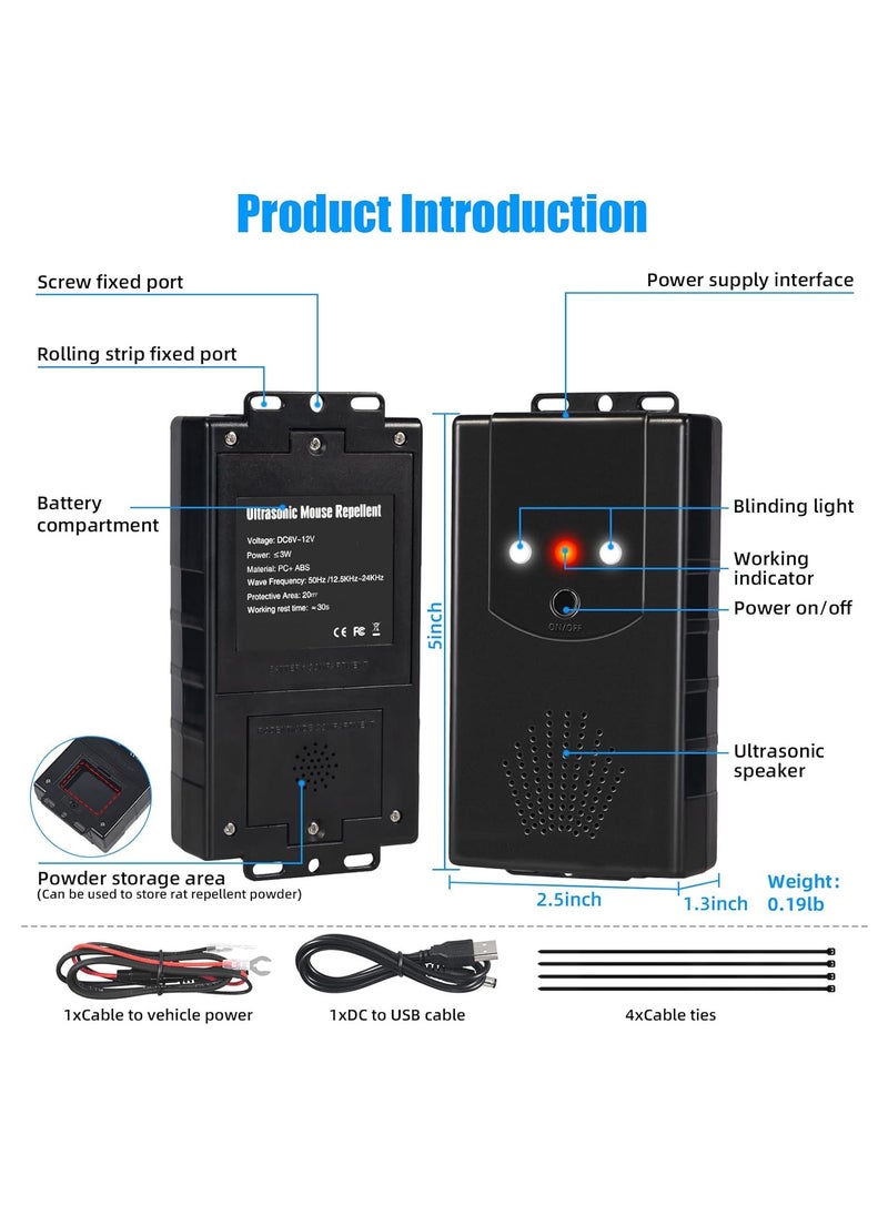 Excefore - Animal Repeller with Strobe Light & 3 Power Supply Methods, Safe Ultrasonic Pest Repellent Battery Operated Rodent Deterrent Keep Mice Rat Squirrel Away from Car Engine Truck RV, 2 Pack - Image 1