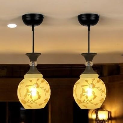 GreyWings Classic Glass Hanging Light for Living Room, Pendant Lamp, E27 Holder, Indoor Ceiling Light Fixture, Floral White Glass Shade, Home Decor Light, Pack of 2 - Image 1
