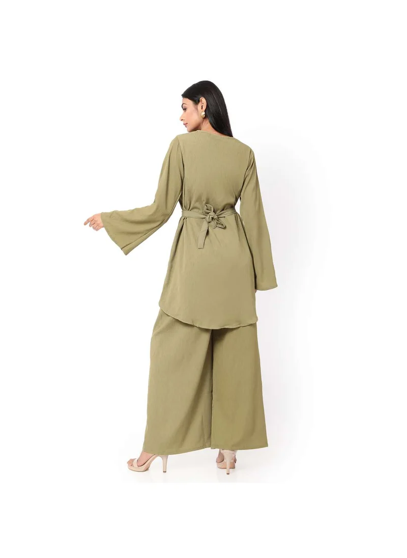 HANA & SARA MODEST TWO PIECE DRESS WITH SCARF AND BELT SOLID COLOUR ARABIC KAFTAN JALABIYA DRESS