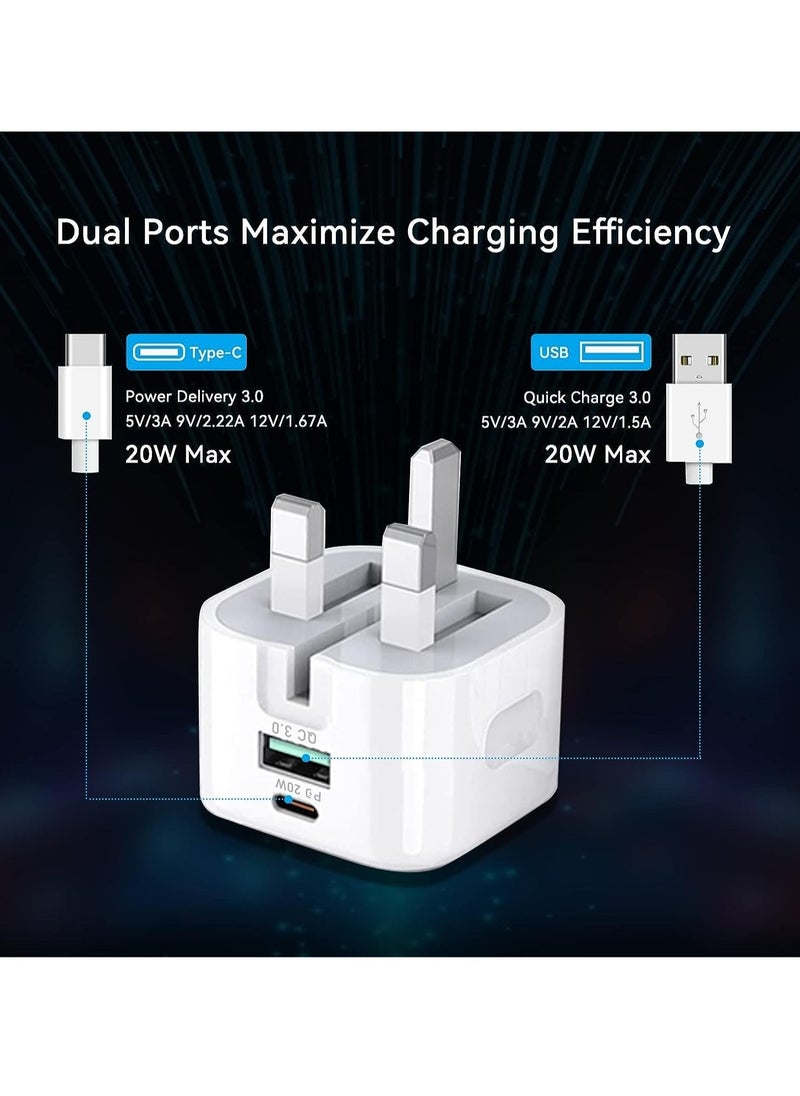 20W USB C Charger Block, 2-Ports [USB-C + USB] Charging Station, QC PD3.0 GaN Fast Charging Block, Type C Power Adapter for iPad Pro/iPhone/Samsung Note/Galaxy (With Cable)