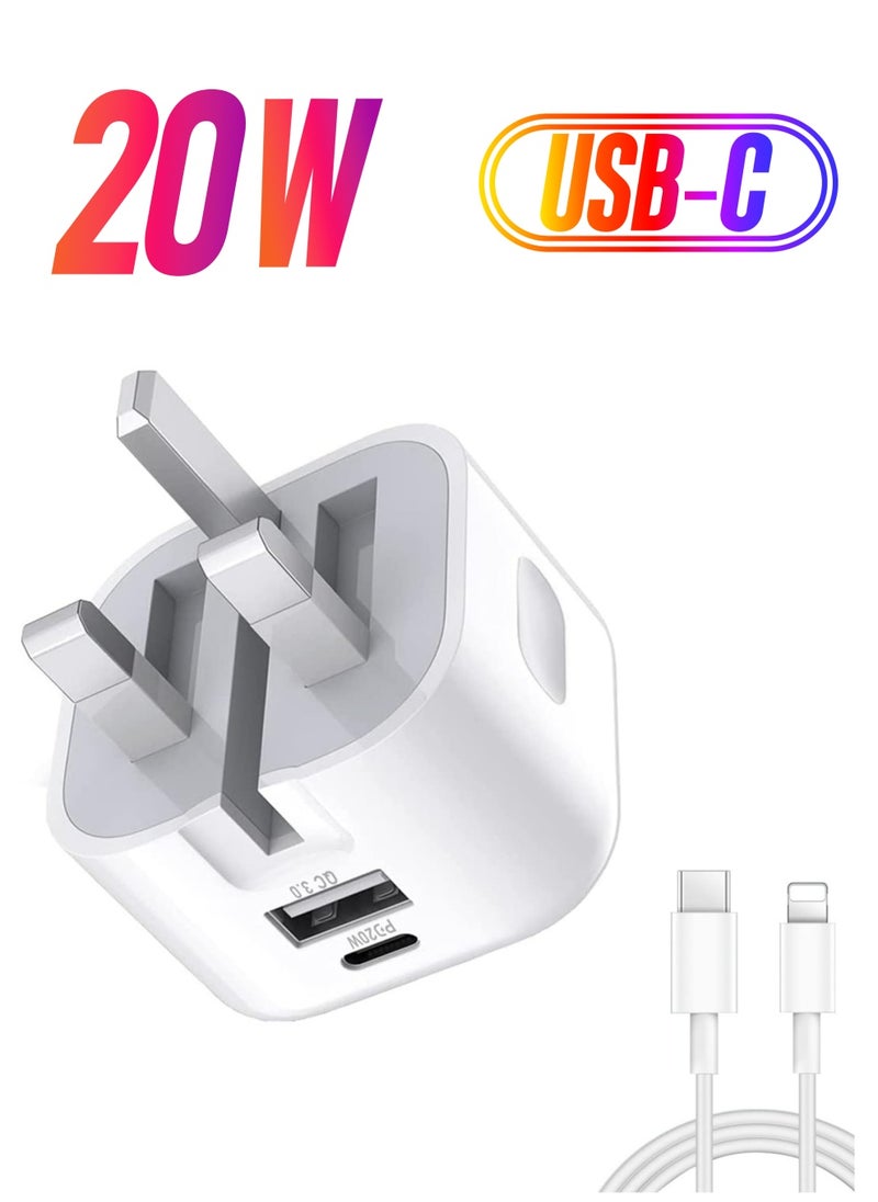 20W USB C Charger Block, 2-Ports [USB-C + USB] Charging Station, QC PD3.0 GaN Fast Charging Block, Type C Power Adapter for iPad Pro/iPhone/Samsung Note/Galaxy (With Cable)
