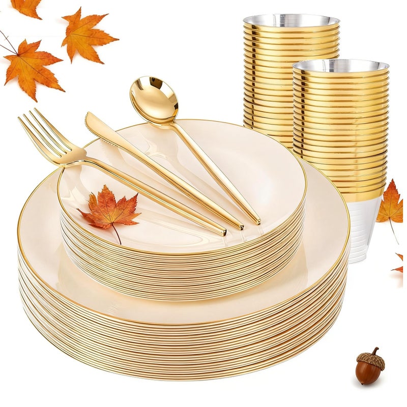 Bucla 150Pcs Ivory Plastic Plates With Gold Trim - Heavy Duty Cream Plastic Disposable For Party & Thanksgiving - Include 25 Each(Dinner & Dessert) Plates  25 Knives  25 Forks  25 Spoons & 25 Cups - Image 1