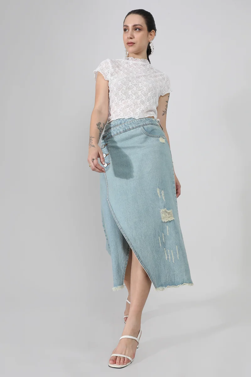 Campus Sutra  Women's Light Blue Asymmetrical Midi Denim Skirt for Women | Best Price UAE