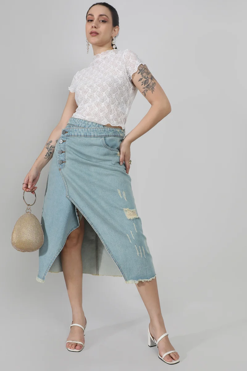Campus Sutra  Women's Light Blue Asymmetrical Midi Denim Skirt for Women | Best Price UAE